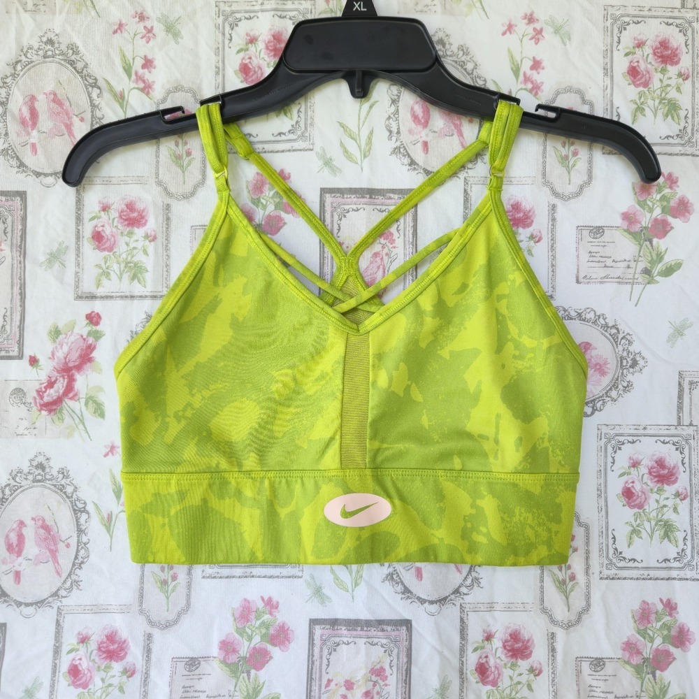 Nike Women's Dri-FIT Indy Icon Clash Sports Bra Light Support Green Print Medium